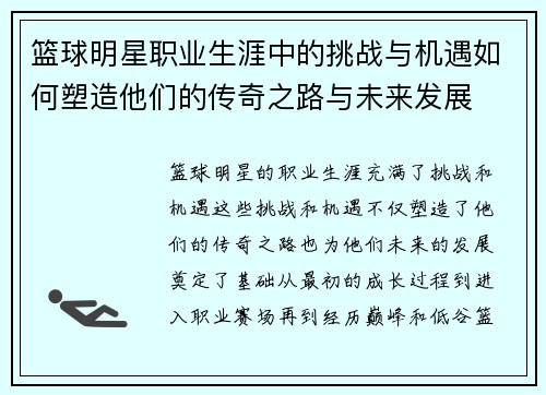 篮球明星职业生涯中的挑战与机遇如何塑造他们的传奇之路与未来发展 篮球明星职业生涯中的挑战与机遇如何塑造他们的传奇之路与未来发展